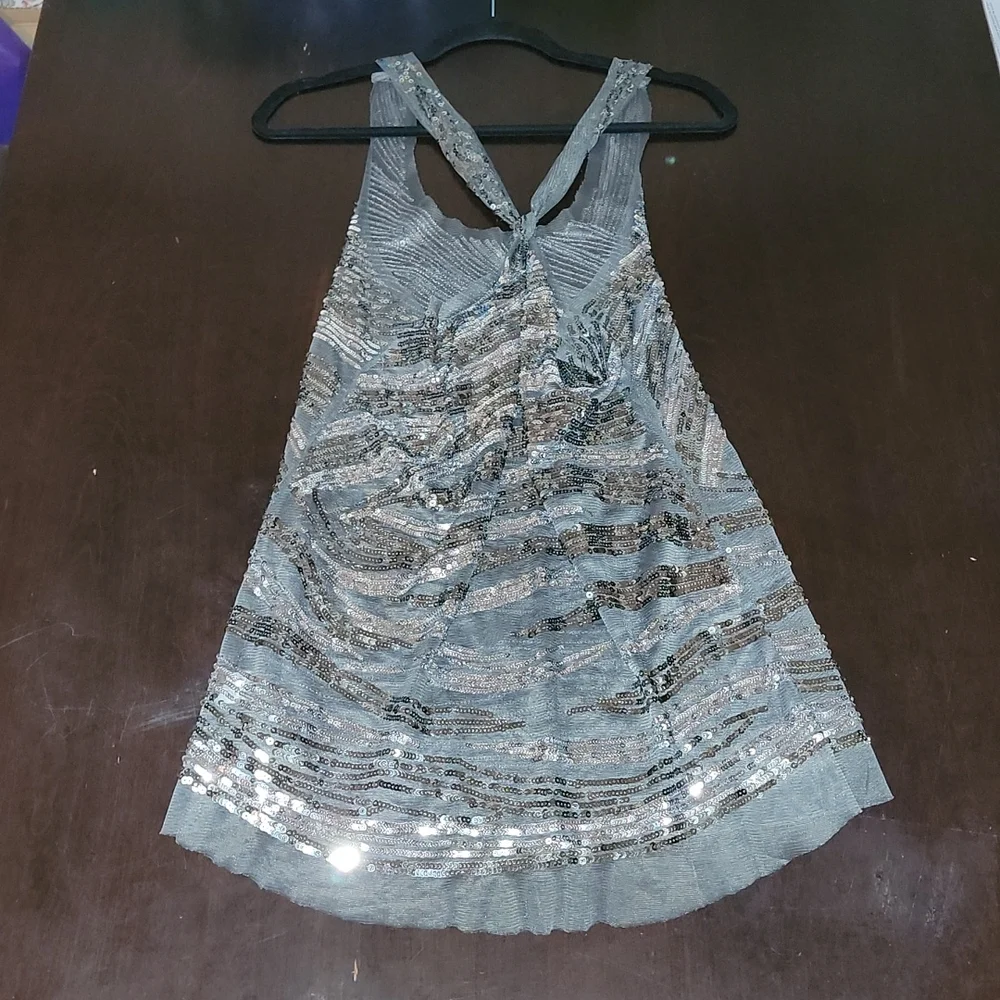 Oversized Sheer Sequin Hi Lo Racerback Flowy Evening Cocktail Tunic Top Size Lrg - Picture 10 of 12
